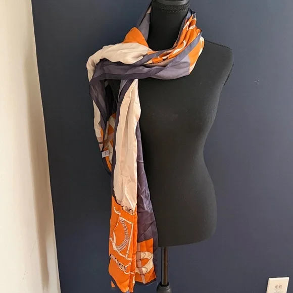Silk Equestrian Scarf Orange Gray Cream Horse Bit Print - Picture 2 of 5